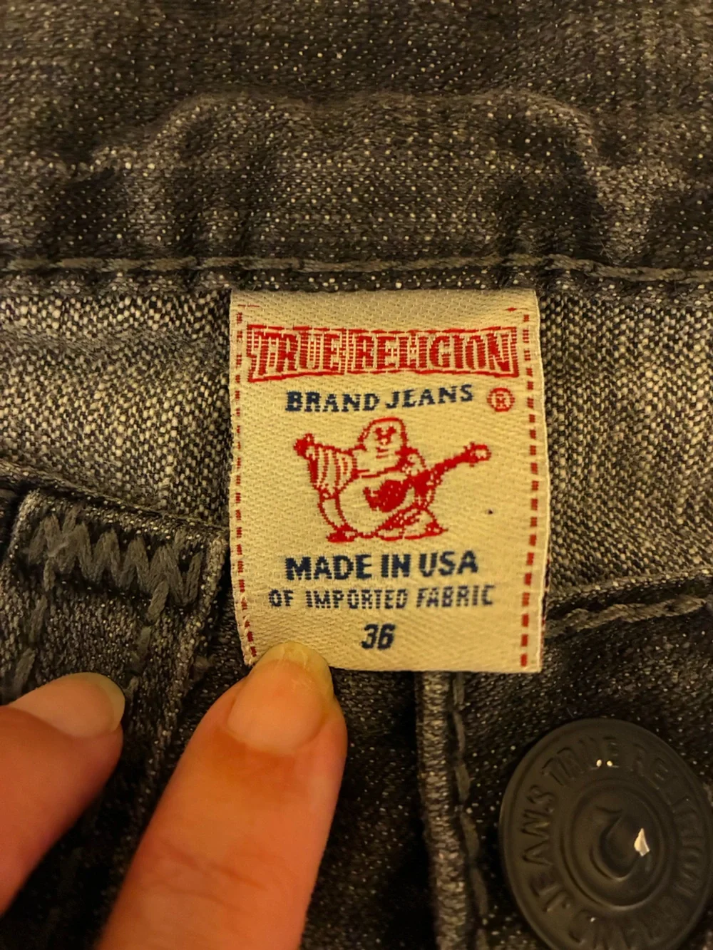 True Religion Jeans Men 36x32  Ricky Big T Flap Pockets Faded Black Grunge